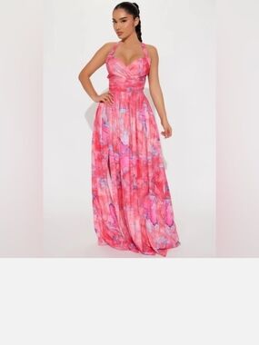 Fashion Nova Pink Marble Halter-Style Maxi Dress